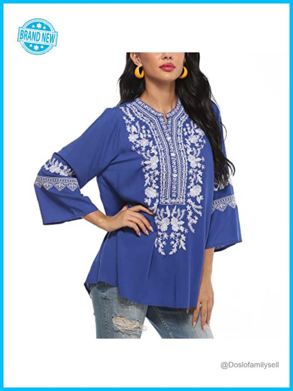 Plus Size Embroidered Boho Tunic Top Rayon 3/4 Sleeve Peasant Blouse